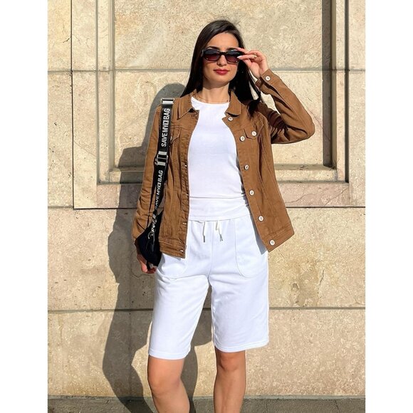 Women's Basic Button Down Stretch Fitted Long Sleeves Denim Jean Jacket Brown - Picture 5 of 8